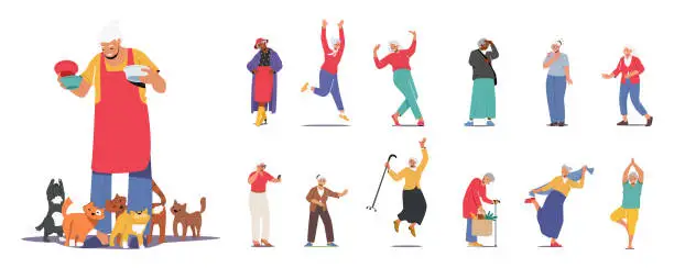 Vector illustration of Set Of Senior Female Characters Feeding Cats, Run, Jump And Dance, Posing In Trendy Clothes, Doing Yoga And Sport