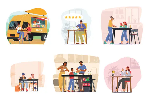 Vector illustration of Set of Characters Eat and Cook. Couple Dining at Outdoor Cafe, Food Critic in Restaurant, Food Blogger Record Video