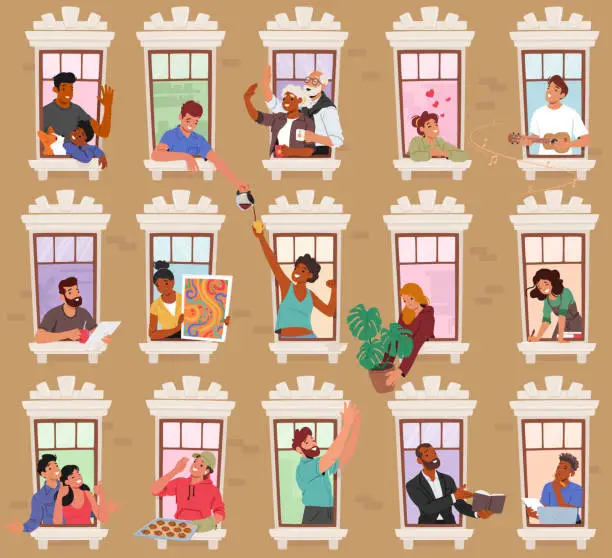 Vector illustration of Neighbor Characters In Open Windows Share Stories, Laughter, And Occasional Glimpses Of Daily Life, Vector Illustration