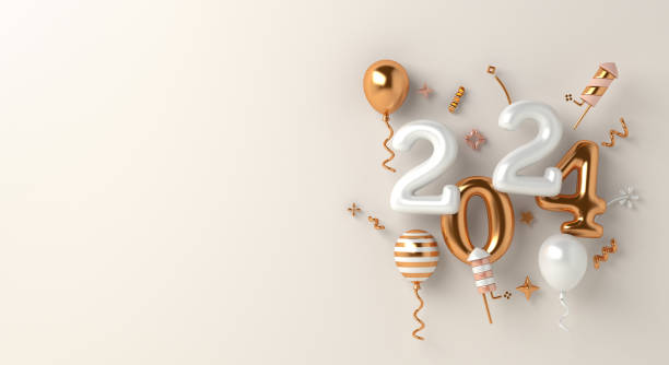 istock Happy new year 2024 decoration background with balloon, firework rocket, copy space text, 3D rendering illustration 1749791536