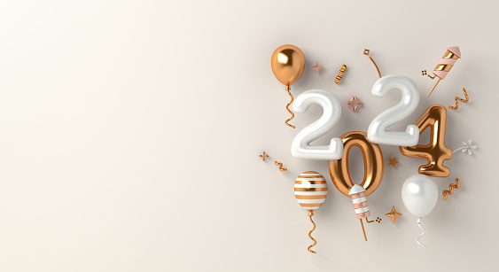 Happy new year 2024 decoration background with balloon, firework rocket, copy space text, 3D rendering illustration