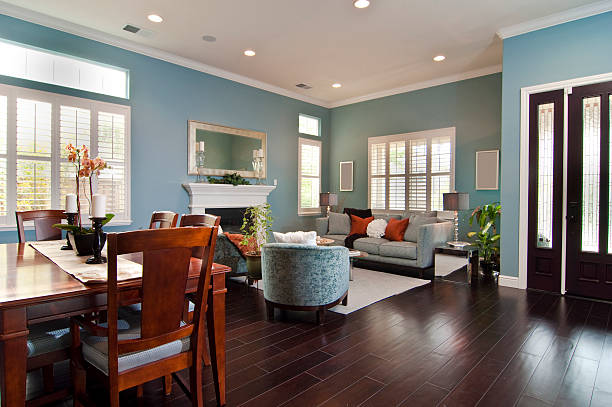 Modern Blue Dining Living Room Interior stock photo