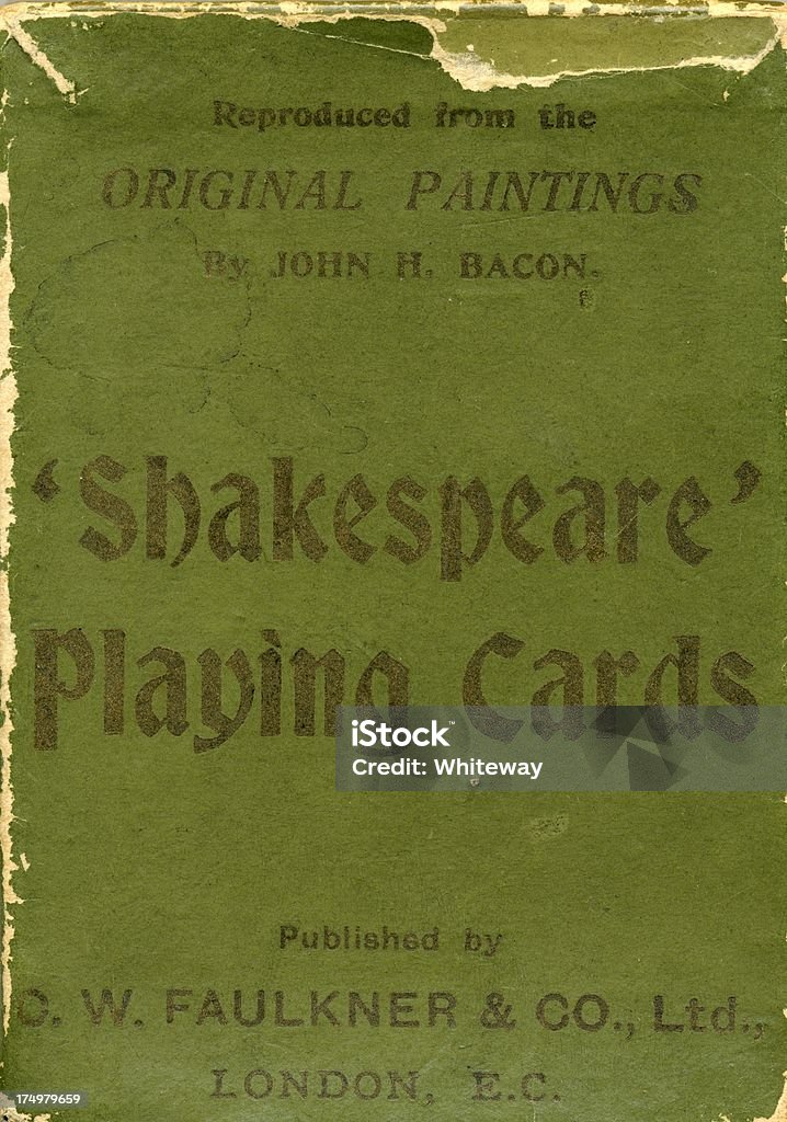 Green outer case for Dondorf 1895 Shakespeare antique playing cards This is the outer case for a rare original deck of 'Shakespeare' playing cards, manufactured in 1895 by Bernhard Dondorf of Frankfurt aM, Germany. After 1902, the deck was published by Dondorf with a plain Ace of Spades as 'No 192'. Bernard (Bernhard) Dondorf opened a lithographic printing business in 1833, first producing playing cards in 1839. His playing cards were popular for their designs and overall quality. He retired from the business in 1872 after producing popular and widely-copied designs for many years. William Shakespeare Stock Photo