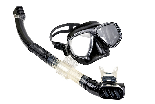 Black diving mask and snorkel isolated on white background