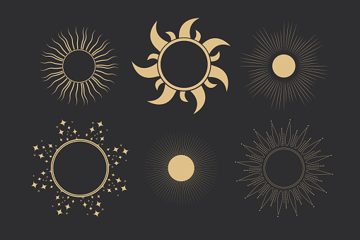 Set golden celestial frames, borders, arch line art esoteric minimal decoration with sparkles isolated on dark background. Vector illustration