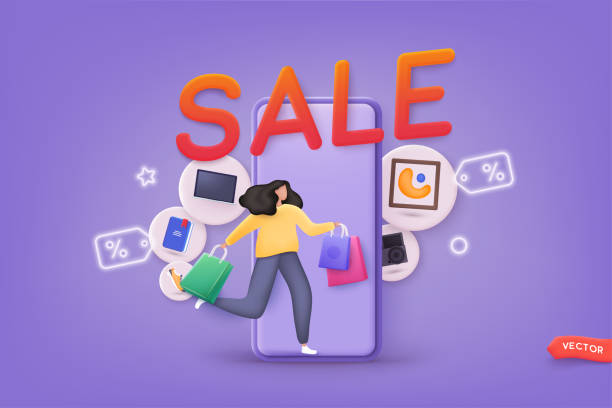 illustrations, cliparts, dessins animés et icônes de illustration d’un grand mot de vente avec une femme avec des sacs à provisions. conception de modèle de bannière de vente, super vente, bannière d’offre spéciale de fin de saison. illustrations vectorielles web 3d. - giant robot flash