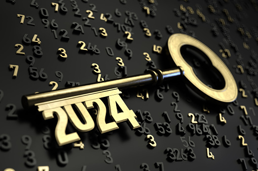 Golden 2024 Key with Digits. 2024 New Year Concept. 3D Render
