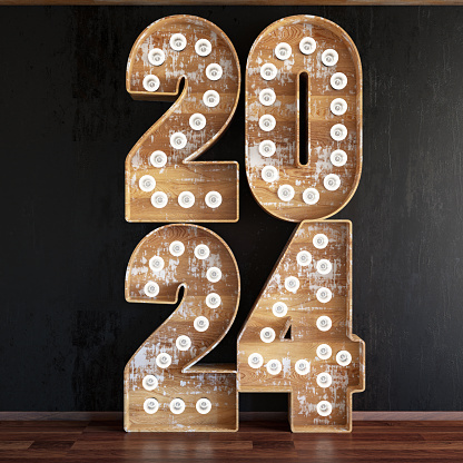 2024 Bulb Sign Against Black Wall. 2024 New Year Concept. 3D Render