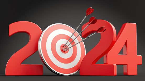 New Year 2024 Target Plan. Dart and Arrow. 2024 New Year Concept. 3D Render