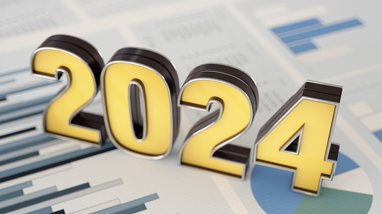 2024 Sign on Financial Papers Budget or Tax Concept. 2024 New Year Concept. 3D Render