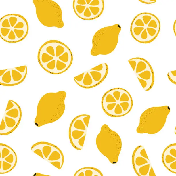 Vector illustration of Pattern of lemons and slices on white background. Citrus sour fruit. Yellow citron. Round piece and quarter. Hand drawn