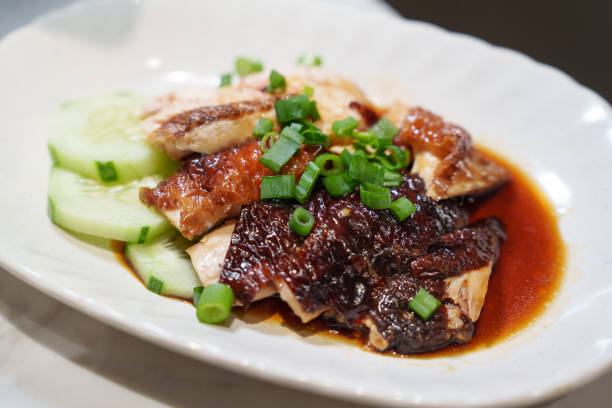 High angle view a plate soy sauce chicken meat, Chinese food.