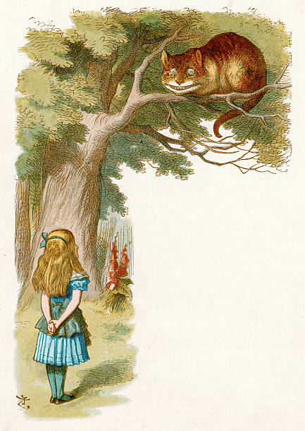 alice in wonderland-fictional character - cheesy grin illustrations stock illustrations