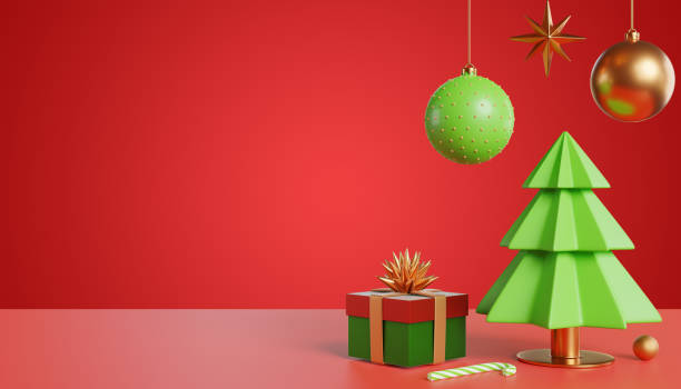 istock Happy New Year and Merry Christmas. Christmas tree gift box decorations on a red background. 3D rendering 1749818767