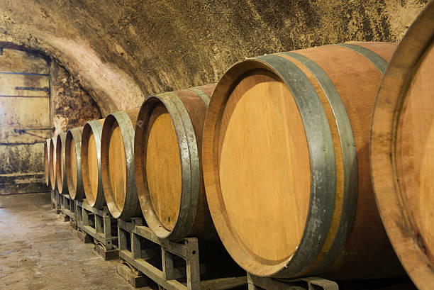 istock Row of WIne Barrels in Rustic Cellar 174982200