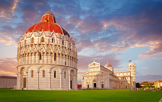 Panoramic view of baptistery, cathedral and leaning tower in Pisa at Piazza dei Miracoli