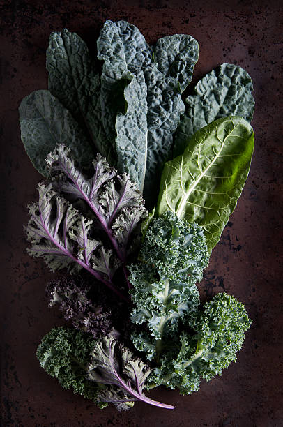 Green and purple kale leaves on rustic background stock photo