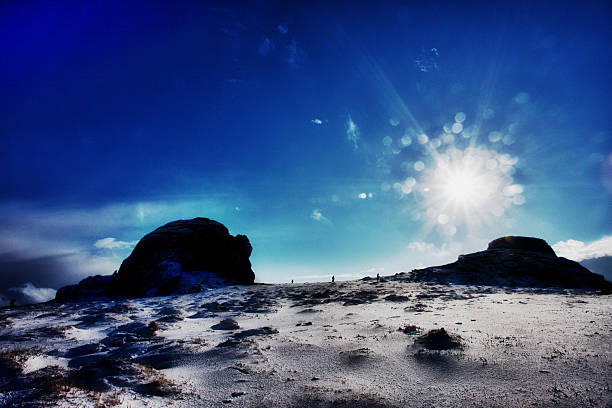 Real natural snow round pieces in cold blue winter day