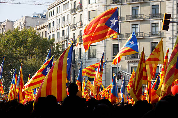 Celebrating National Day of Catalonia Many people which the official sources estimated at 1.5 million celebrate the national day of Catalonia (11th of September) with Catalan flags. catalonia stock pictures, royalty-free photos & images
