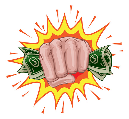 A hand in a fist squeezing cash money dollar bills. In a comic book pop art cartoon illustration style. With an explosion in the background