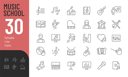 Vector illustration in thin line style of modern Music related icons: instruments, students, sheet music, scores.  Isolated on white