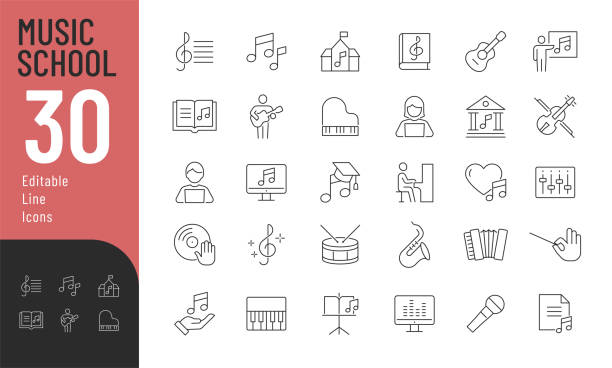 Music School Line Editable Icons set. Vector illustration in thin line style of modern Music related icons: instruments, students, sheet music, scores. Isolated on white sax arts and crafts stock illustrations