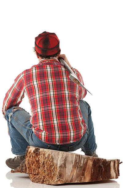 istock Lumberman sitting on a tree stump with an axe 174983182
