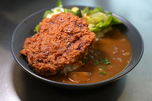 Japanese Curry Rice with Deep Fried Chicken Cutlet, High Angle View