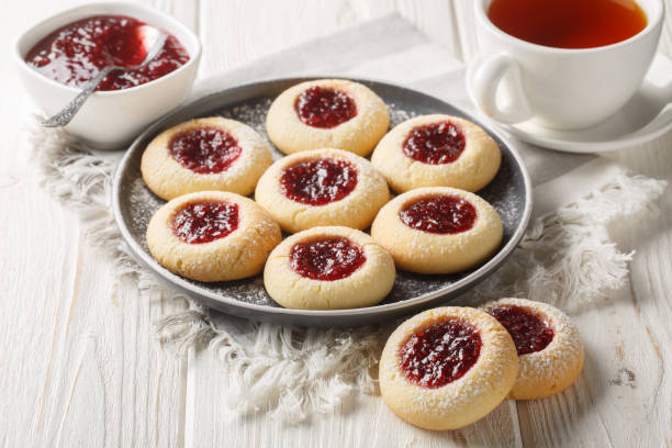istock Thumbprint or Hallongrottor Swedish Raspberry Jam Cookies closeup on the plate. Horizontal 1749832339