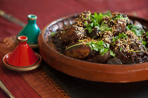 Close up of meat tagine with fresh coriander