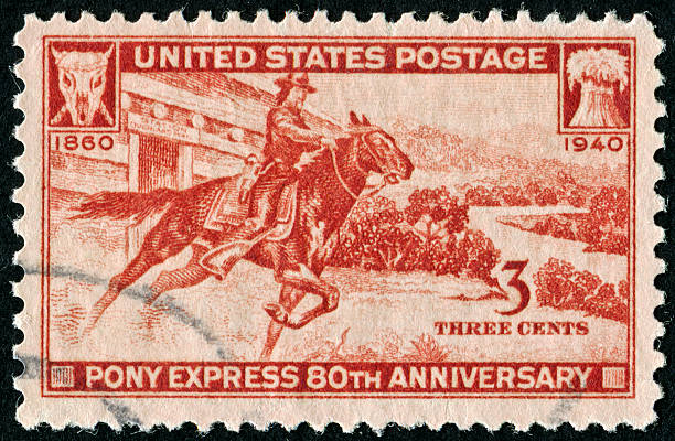 Pony Express Stamp Cancelled Stamp From The United States Commemorating The 80th Anniversary Of The Pony Express. pony stock pictures, royalty-free photos & images