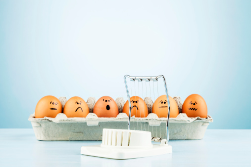 A group of eggs look on in horror at the sight of an egg slicer