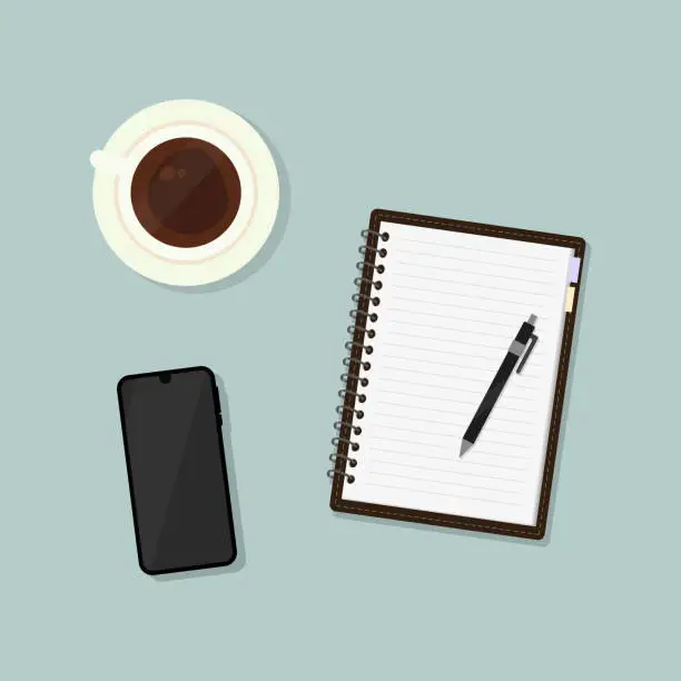 Vector illustration of Workplace. Cup of coffee, phone, and notebook with pen lying on the table.