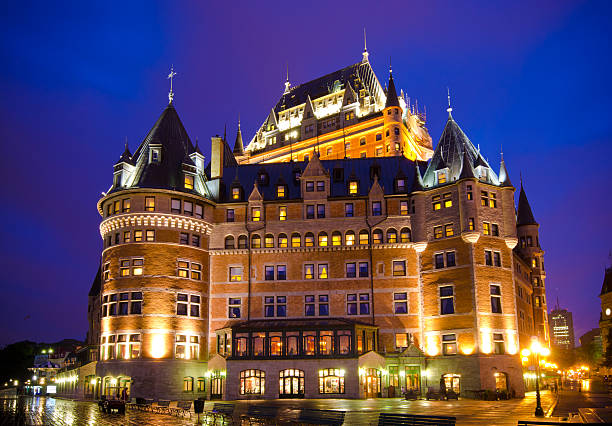 Chateau Frontenac Hotel in Quebec City at night "Chateau Frontenac Hotel at night in Quebec City, Canada." chateau frontenac hotel stock pictures, royalty-free photos & images