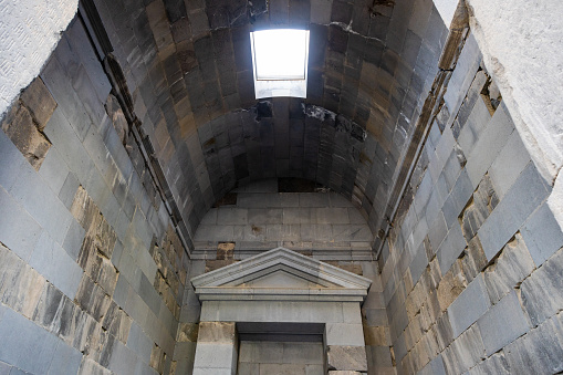 Garni, Armenia - September 30, 2023: upper light in ancient Greco-Roman Temple of Garni. Garni Temple is the only monument surviving in Armenia dating back to paganism and Hellenism