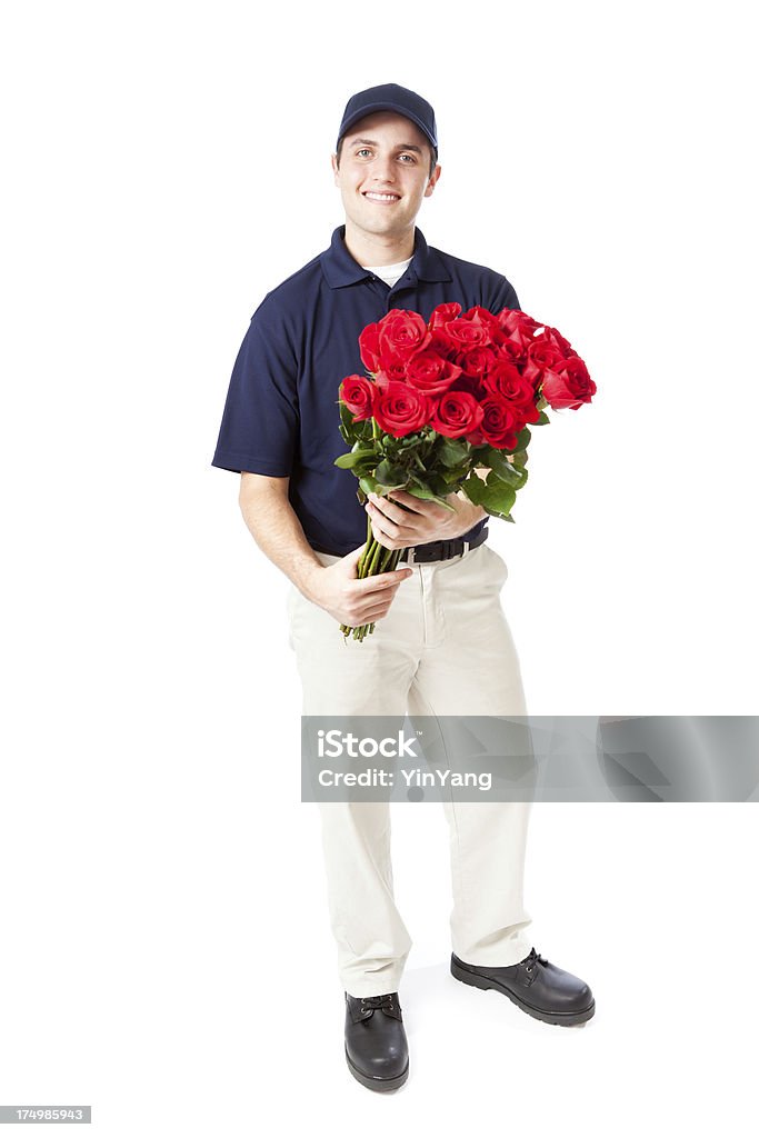 Fiorista fiori servizio di consegna uomo consegna di rose per San Valentino - Foto stock royalty-free di Abbigliamento casual