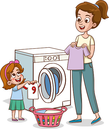 Illustration of a Little Girl with Clothes in a Washing Machine. Parents children cleaning house. Happy daughter and mother with t-shirt near wash mashine vector illustration