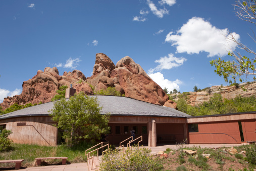 Red rocks stand behind the Visitors Center of Roxborough State Park in Colorado.