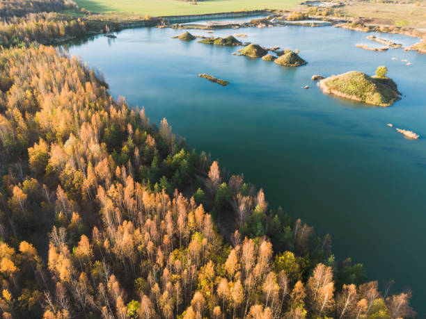 lago forestal vandjala en un día de otoño, foto de un dron. - toms fotografías e imágenes de stock