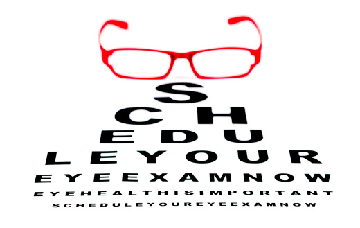 Glasses sitting on an eye chart (made me me) reading: Schedule your eye exam now, eye health is important.