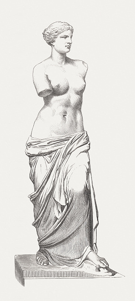 Venus de Milo (about the 2nd century BC). Woodcut engraving after the famous marble sculpture in Louvre Museum in Paris, published in 1873.