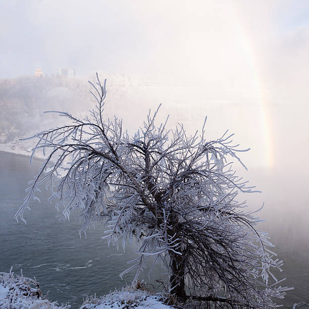 regenbogen über dem winter in niagara falls - niagara river niagara falls heat haze fog stock-fotos und bilder