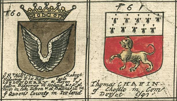 Coat of arms 17th century Ridgeway and Chaffin This image is from a copperplate engraving, and shows part of a 'roll of arms' from Richard Blome's (Britannia), an atlas published in 1673. It features the coats of arms of people who contributed towards the completion of the work – starting with King Charles II. Each page includes 35 coats of arms, presented here in pairs. These two coats of arms are from folio (page) 23 of the work. In old English, an 's' appeared as a 'long s' (which looks like an 'f'), while 'ss' appeared as 'fs'. 'Com' was an abbreviation for 'County'. A number is assigned to each benefactor. Here are the accompanying texts (followed by modernised English where appropriate): 760 Ye Rt. Hon'ble Sr. Robert Ridgeway Kt. & Bart. Earle of LONDONDERRY & Baron of Gallen Ridgeway in ireland &ca at Torre in Com Devon & at Ballinakill in ye Queen's County in Ireland (The Right Honourable Robert Ridgeway; Earl of Londonderry and Baron of Gallen-Ridgeway; Torrington, Devon) 761 Thomas CHAFIN of Chettle in Com Dorfet Efq (Thomas Chafin (Chaffin) of Chettle in Dorset) More from the same coat-of-arms series (many more via blue link): . ridgeway stock illustrations