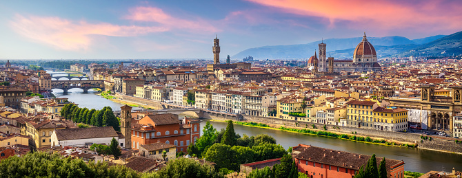 panoramic view of Florence Skyline at Sunset with ponte vecchio and Santa Maria del Fiore Duomo. Italy