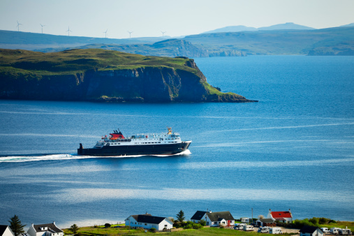 Ferry Caledonian MacBrayne`s leaving Uig on Isle of Skye for Tarbert on Isle of Harris, Inner Hebrides, Scotland, United Kingdom, Europe,