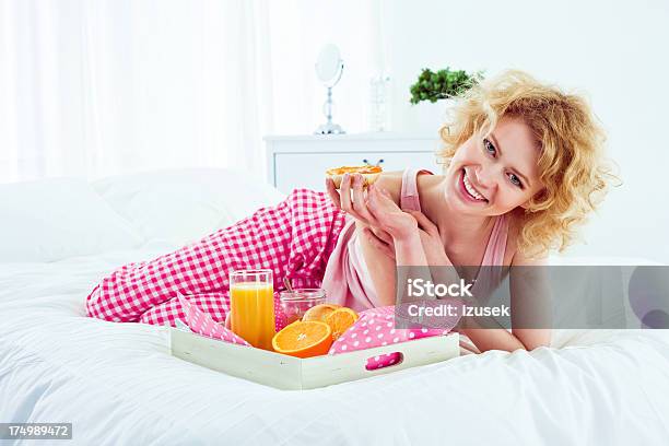 Healthy Breakfast In A Bed Stock Photo - Download Image Now - 25-29 Years, Adult, Adults Only