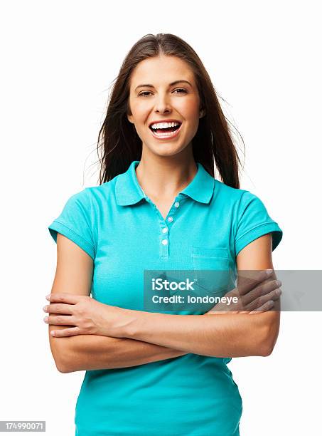 Joyful Woman With Arms Crossed Isolated Stock Photo - Download Image Now - Polo Shirt, Women, One Woman Only