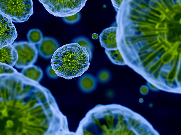 Magnified virus Macro shot of virus cells with selective focus.Part of retrovirus stock pictures, royalty-free photos & images