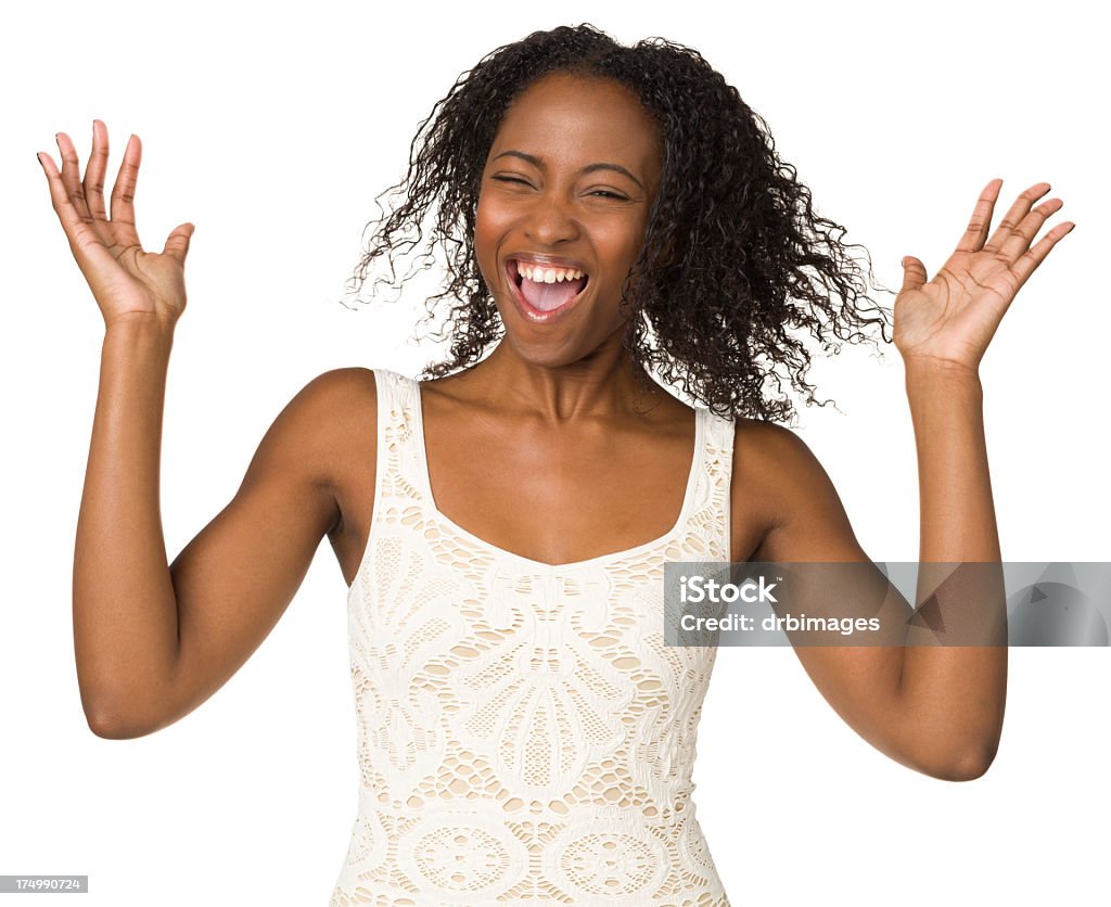 Ecstatic Young Woman With Arms Up Portrait of a young woman on a white background. 20-24 Years Stock Photo