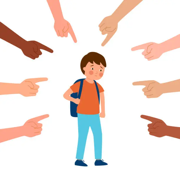 Vector illustration of Children bullying. Boy surrounded by the hands of the surrounding people pointed at him.